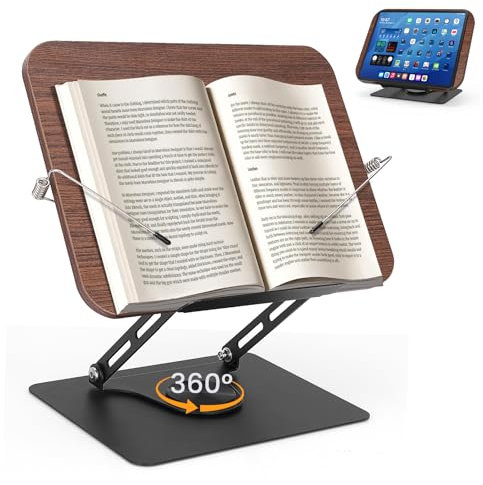 Bois Porte Livre, Support Livre Avec Rangement, RéGlable En Hauteur Et En Angle, Base Pivotante à 360°, Pliable Et Portable, Clipsable Pour Partitions, Recettes, Tablette