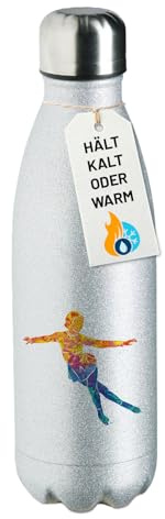 Huuraa Glitzer Trinkflasche Eiskunstlauf bunte Silhouette Geschenk | 500ml Silver Edelstahl Wasserflasche Trinkflasche Silber Geschenkidee Glitzer Thermosflasche Isolierflasche Schraubverschluss