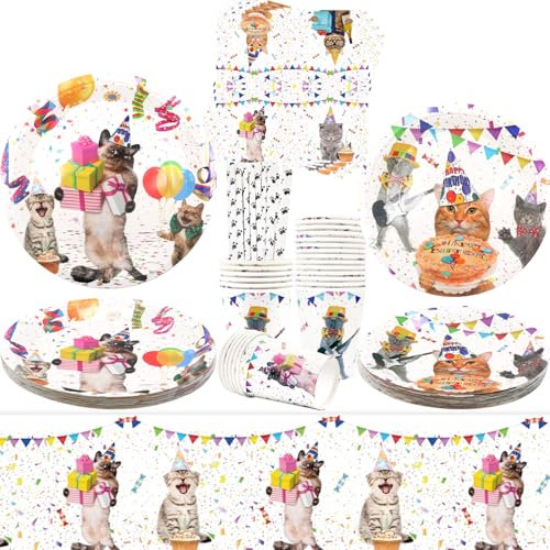 Cat Party Supplies, Cat Party Tableware - Dinner Plates Desserts Plates Cups Napkins Tablecover Straws for Kitten Girls Birthday Decorations Baby Shower Supplies, Serves 20