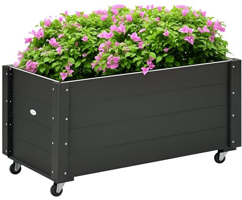 Outsunny Hochbeet Pflanzbeet mit Rollen Massivholz 89x48x47cm Schwarz | Frühbeet Gartenbeet Blumenkasten, Pflanzkasten Pflanzkübel, für Garten Terrasse, Blumenkübel für Kletterpflanzen Blumen