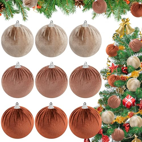 Funzhan 9 palline di Natale in velluto champagne per decorazione dell'albero di Natale, 80 mm, palline di velluto, ornamenti in velluto, palline antirottura ricoperte di fiocchi, palline da appendere
