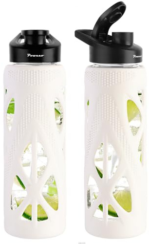 poweco Trinkflasche Glas 700ml [Bruchsicher & Auslaufsicher] - Sportflasche aus Borosilikatglas mit Silikonhülle & Tragegriff - BPA-Frei, Glasflasche für Büro, Yoga & Fitness - Weiß