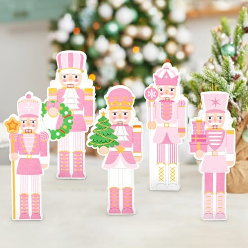 Haooryx Christmas Pink Nutcracker Tiered Tray Centerpiece - 4Pcs Pink Nutcracker Soldier Figure Wooden Sign Rustic Pink Xmas Decor Dinner Table Topper for School Office Home Desktop Photo Props Supply