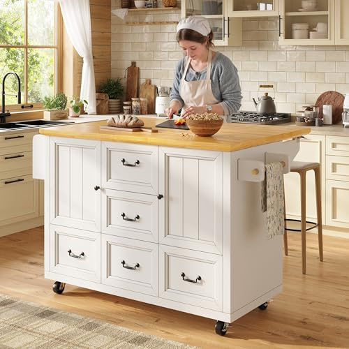 Lahoomu Kücheninsel, Schrank, Sideboard, Ausziehbarer Küchenwagen auf Rollen mit Handtuchhalter und Gewürzregal, verstellbare Einlegeböden, Weiß