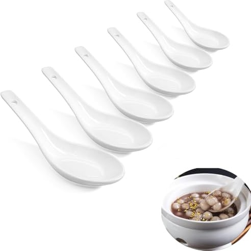 Yeenano Suppenlöffel,6 pcs Asiatische Suppenlöffel,Keramische Chinesische Suppenlöffel Ramen Löffel Porzellan Löffel Set Reislöffel aus Weißem Porzellan für Suppe Dumplings Wonton Miso Desserts