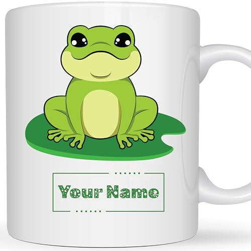 Be Buz Personalized Frog Mug – Custom Name Ceramic Coffee Cup – Cute Animal Gift for Kids, Nature Lovers and Teachers – 11oz
