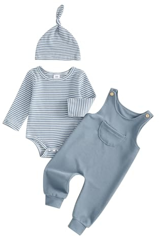 Haomibacu Infant Baby Boys 3pcs Clothes Set Romper Dungarees With a Hat | infant baby boys 3pcs outfits long sleeve striped waffle romper solid color overalls long pants hat fall winter wear