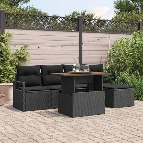 Kaloriko Garten-Sofa-Set mit Speicher 6-teilig, Schwarz Poly Rattan, Modular Outdoor Lounge Möbel, UV-beständig, mit Kissenbox, für Terrasse Balkon