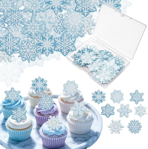 Schneeflocken Tortendeko Essbar,45 Snowflake Esspapier Cupcake Topper | Blau Weiß Schneeflocken Tortendeko Essbare Muffin Kuchen Deko für Weihnachten Geburtstagsdeko Hochzeit Baby Party