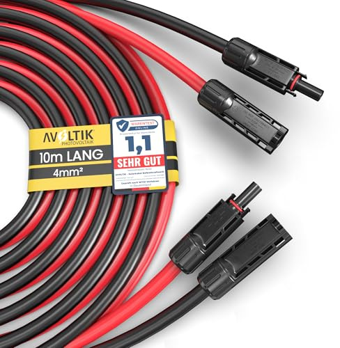 avoltik 2x 10m Solarkabel in 4mm2 I TÜV-zertifiziertes Balkonkraftwerkkabel I Robustes PV Kabel doppelt isoliert & wetterfest I IP67 Solar-Anschlusskabel I Photovoltaik Kabel rot & schwarz