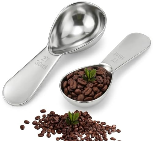 2 Pack Stainless Steel Coffee Scoop, 15ml & 30ml Spoons | Premium durable metal, Precise volume measurements, Long ergonomic handle, Easy to clean, Multipurpose usage