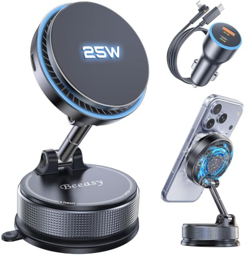 Beeasy 25W Qi2.2 Handyhalterung Auto Magsafe Autohalterung mit Ladefunktion | [Kühllüfter & 63W Adapter] Snapmount Handy Halterung mit Vakumm Saugnapf für iPhone 12-17 Serie, Galaxy S26 Ultra