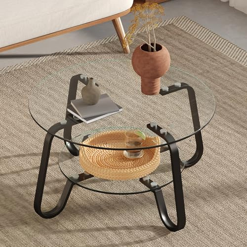 kowdom Mesa de centro industrial redonda de cristal templado – Mesa de sofá retro con marco de metal negro, estable, irrompible, para espacios pequeños