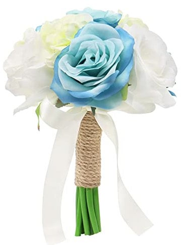 Fouriding Brautstrauß Braut Brautjungfer Brautjungfern Blumensträusse Hochzeit Strauß Künstliche Blumenstrauß künstlicher Rosenstrauß Bouquet Deko (Blau Weiß)