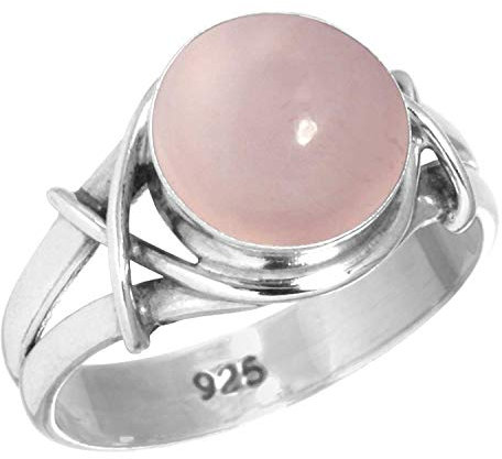 Jeweloporium Bague en argent sterling 925 avec quartz rose, taille 56, bijou bohème en pierres précieuses rondes