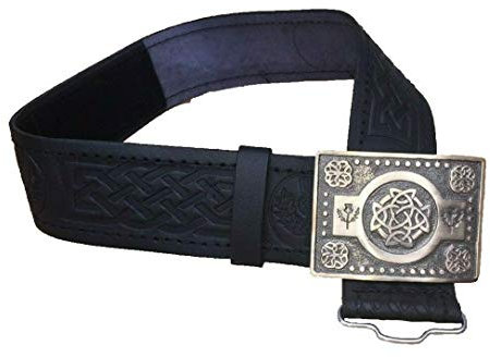 AAR Kilt-Gürtel aus schwarzem Leder mit Distel-Design, schottischer Highland-Kilt-Gürtel mit antiker Schnalle, 17041631, L