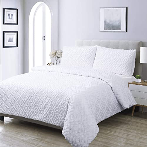 YINFUNG King Size Duvet Cover Sets White Bedding 3 Pieces Tufted Geometric Quilt Cover with 2 Pillowcases Easy Care (White King 230×220cm+50×75cmx2)
