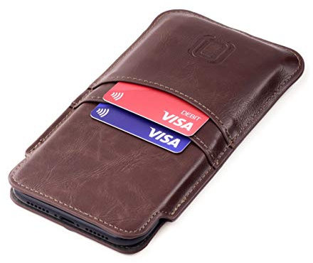 Dockem Provincial Wallet Sleeve for iPhone 16-11, 16-12 Pro, 16e, XR (6.1/6.3 inch) – Vintage Vegan Leather Pouch Cover with 2 Card Holder Slots [Brown]