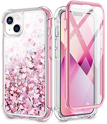 Caka Glitter Case for iPhone 13 & iPhone 14 for Women Girls, Full Body Bling Sparkle Liquid Shockproof Protective Phone Cover with Built-in Screen Protector – Pink