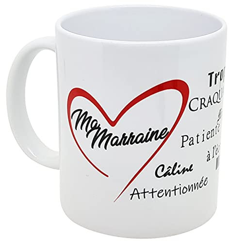 Kalféa Mug Amour je t'aime marraine avec coeur et compliments offrir tasse céramique Qualité Idée Cadeau Originale tante tata Famille Parent anniversaire noel fete 325ml