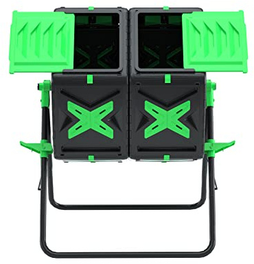 SQUEEZE master Large Dual Chamber Compost Bin Tumbler Outdoor Garden- Easy Rotating- Sturdy Steel Frame-Fast Composting (Green, 2 × 18.5 Gallon)