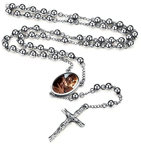FaithHeart personalisierte Rosenkranz Kette für Damen Herren Rosenkranz Halskette mit Foto Gravur Rosary Necklace für Geburtstag Muttertag