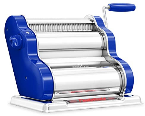 PASTALINDA Classic 200 Pasta Maker Maschine, Breite Walzen, 9 Stärkepositionen, 2 Schneidpositionen, Edelstahlkörper, Metallgetriebe mit Handkurbel und zwei Klemmen - Nudeln - Blau