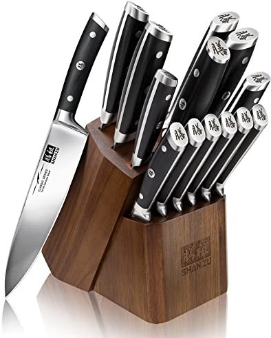 SHAN ZU Japanese Kitchen Knives 14-Piece with Block Kitchen Knife Set High Carbon German Stainless Steel Knife Set with Removable Knife Block and Ergonomic Handle