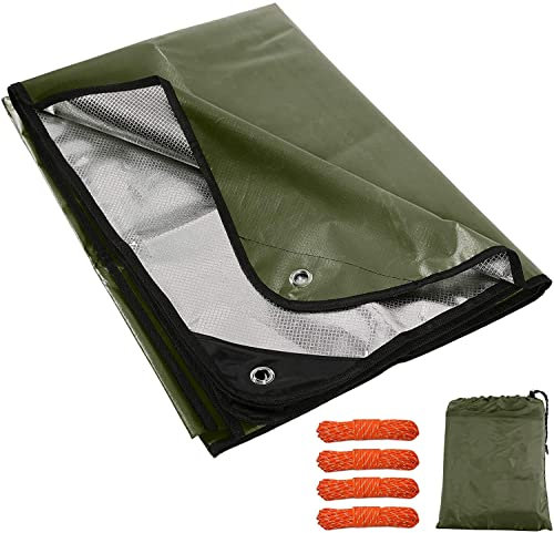 REDCAMP Manta de emergencia resistente para supervivencia, manta térmica gruesa reutilizable de 7 x 5 pies y lona impermeable con cuerdas tensoras, bolsa de rescate reflectante para acampar al aire