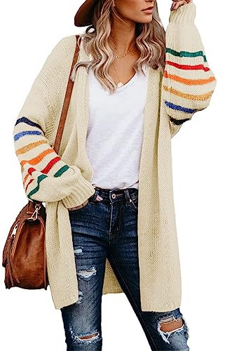 AlvaQ Women's Cardigans Long Sleeve Open Front Rainbow Striped Color Block Loose Casual Womens Oversized Cardigan Ladies Long Lightweight Knit Outwear Coat Jacket Sweaters Beige M UK 10 12