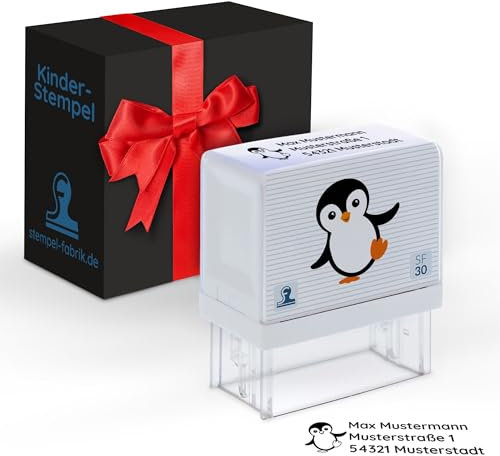 stempel-fabrik Kinderstempel Namensstempel/Personalisierter Adresstempel - Stempel für Kinder mit Motiv Pinguin für Schüler/Schule und Kindergarten als Geschenk