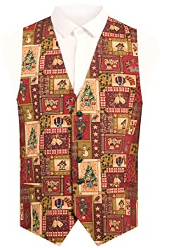 Dobell Mens Red Vintage Christmas Print Festive Waistcoat Regular Fit 5 Button-2XL (50-52in)