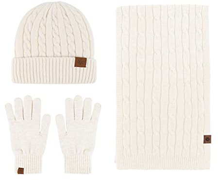 Mütze Schal Handschuhe Set Damen Beige StrickMütze Damen Schwarz Slouch Mütze Street Style Grobstrick WinterMützen Hergestellt WollMütze mit Kaschmir Fleece Gefütterte elastisch Unisex Weiche Mütze