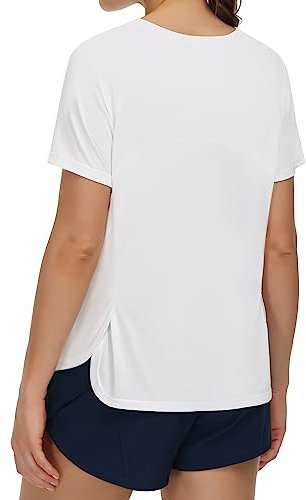 THE GYM PEOPLE Damen Kurzärmeliges Shirts mit Rundhalsausschnitt Atmungsaktiv Yoga T-Shirts mit Seitenschlitzen White L