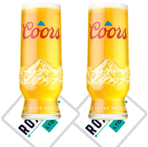 Roxley Coors Offizielles 2021 Light Pint Bierglas (Set mit 2 Gläsern) + 2 Marken-Bierdeckel