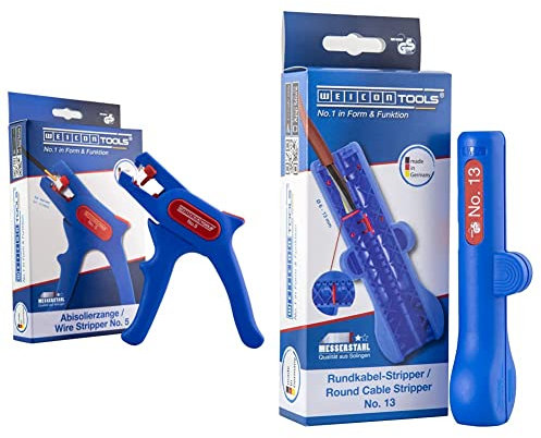WEICON TOOLS Abisolierzange No. 5 | für alle gängigen flexiblen und massiven Leiter von 0,2-6,0 mm² & TOOLS Rundkabel-Stripper No. 13 | Entmanteler für Rund- und Feuchtraumkabel von 6-13 mm Ø