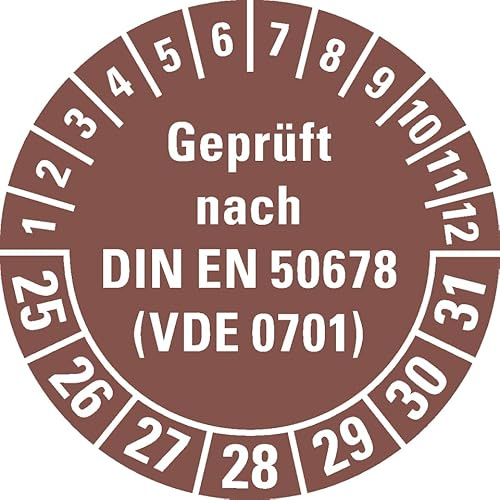 Dreifke® Prüfplakette geprüft nach DIN EN 50678(VDE 0701) 25-31, braun, Dokumentenfolie, Ø 30mm, 18 St/Bogen