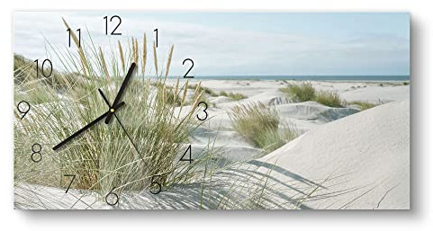 DEQORI Glasuhr | vertikal 60x30 cm | Motiv Dünen an Nordseeküste | große XXL Design Uhr aus Glas | leise Wanduhr für Wohnzimmer & Küche | moderne Hingucker Uhr für die Wand