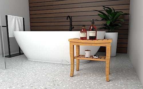 ECOLAM® exklusive freistehende Badewanne Standbadewanne moderne Wanne freistehend Adele 165 x 80 cm ideal für zwei Personen + Badbank Tisch Holz Lago + Ablaufgarnitur Design Acryl glamour weiß