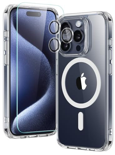 ESR for iPhone 15 Pro Max Case Set, 1 Tempered-Glass Screen Protector, 1 Set of Lens Protectors, Military-Grade Protection, Yellowing and Scratch Resistant MagSafe Phone Case, Classic Series, Clear