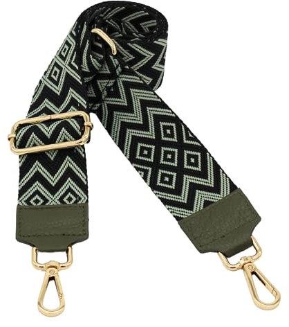 BRISE Taschengurt für Damen & Herren, 5cm Breiter Schultergurt, Verstellbarer 80-130 cm Taschenriemen aus Polyesterstoff und Leder, Stylischer Riemen mit 360 Drehbarer Kopf (Zickzack - Khaki)