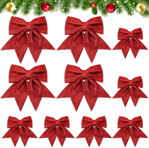SEPGLITTER Red Christmas Bows, 10 Packs, 9.45 x 8.27 in & 5.9 x 4.7 in, Plastic, Classic Style, Glittery Surface, Multi-purpose Use, Christmas Tree Ornament