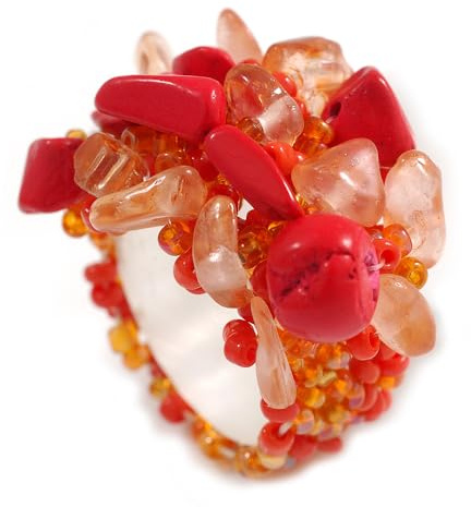 Avalaya Bague flexible en verre et pierre Rouge/corail/orange Taille M/L, taille unique, Verre