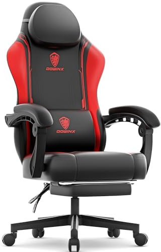 Dowinx Silla de gaming Racing Gamer con cojín de primavera, sillón ergonómico para gaming con masaje lumbar, silla de oficina de cuero PU silla PC silla respaldo ancho 150 kg, rojo