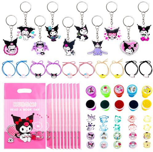 Clvsyh 40 Piezas Regalos de Cumpleaños para Niños, llaveros de KT Cat, Cartoon Bolsa de Caramelos, Sellos de Juguete, Cartoon Hair Ties, Suministro de Fiesta de Cumpleaños