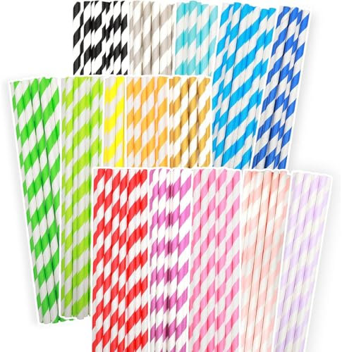 Gcardist Lot de 150 pailles en papier jetables biodégradables écologiques à rayures arc-en-ciel (15 couleurs)