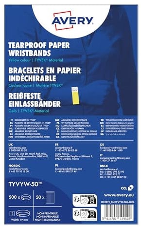 AVERY Zweckform TYVYW-50 Einlassbänder Tyvek 500 Stück (256x19mm, fortlaufend nummeriert, reiß- und wasserfest, sicherer Klebeverschluss, Eintrittsbänder, Event Armbänder, Securebänder) neongelb
