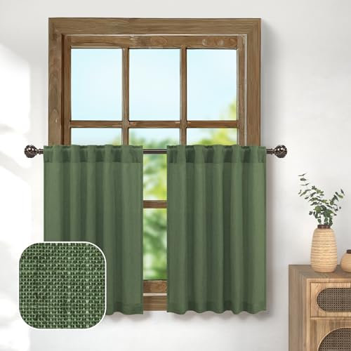 Pitalk Cortinas traslúcidas de color verde oliva para cocina, mezcla de lino, ancho 76 x 76 cm de largo