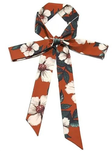GIMIRO Ceinture en satin pour femme 5 cm x 195 cm Ruban imitation soie longue écharpe robe ceinture chapeau accessoire (Caramel White Flower)