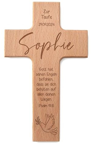 Feenstaub Taufe Kreuz, personalisiertes Holzkreuz zur Taufe, Taufkreuze mit Namen, graviertes Kreuz aus Buchenholz, Kinderkreuz mit Spruch, Taufgeschenke, Geschenk Pate Tauffeier